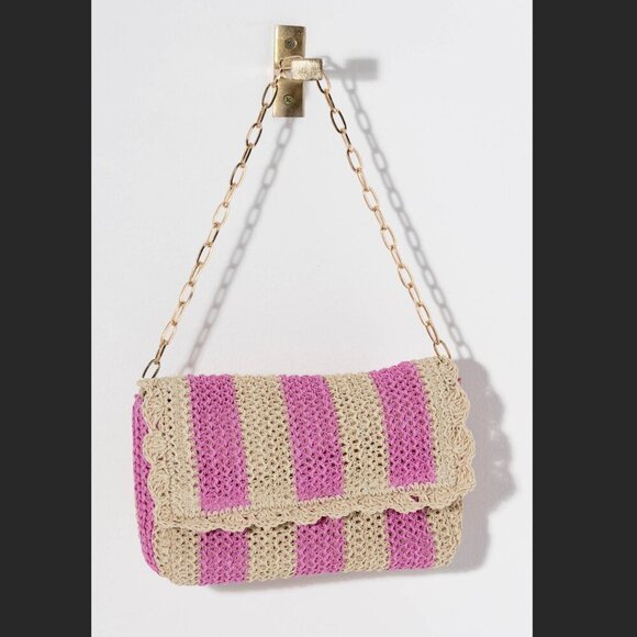 Shiraleah Handbags - Shiraleah Pink and Cream Striped Sandy Paper Straw Shoulder Bag Chain Strap